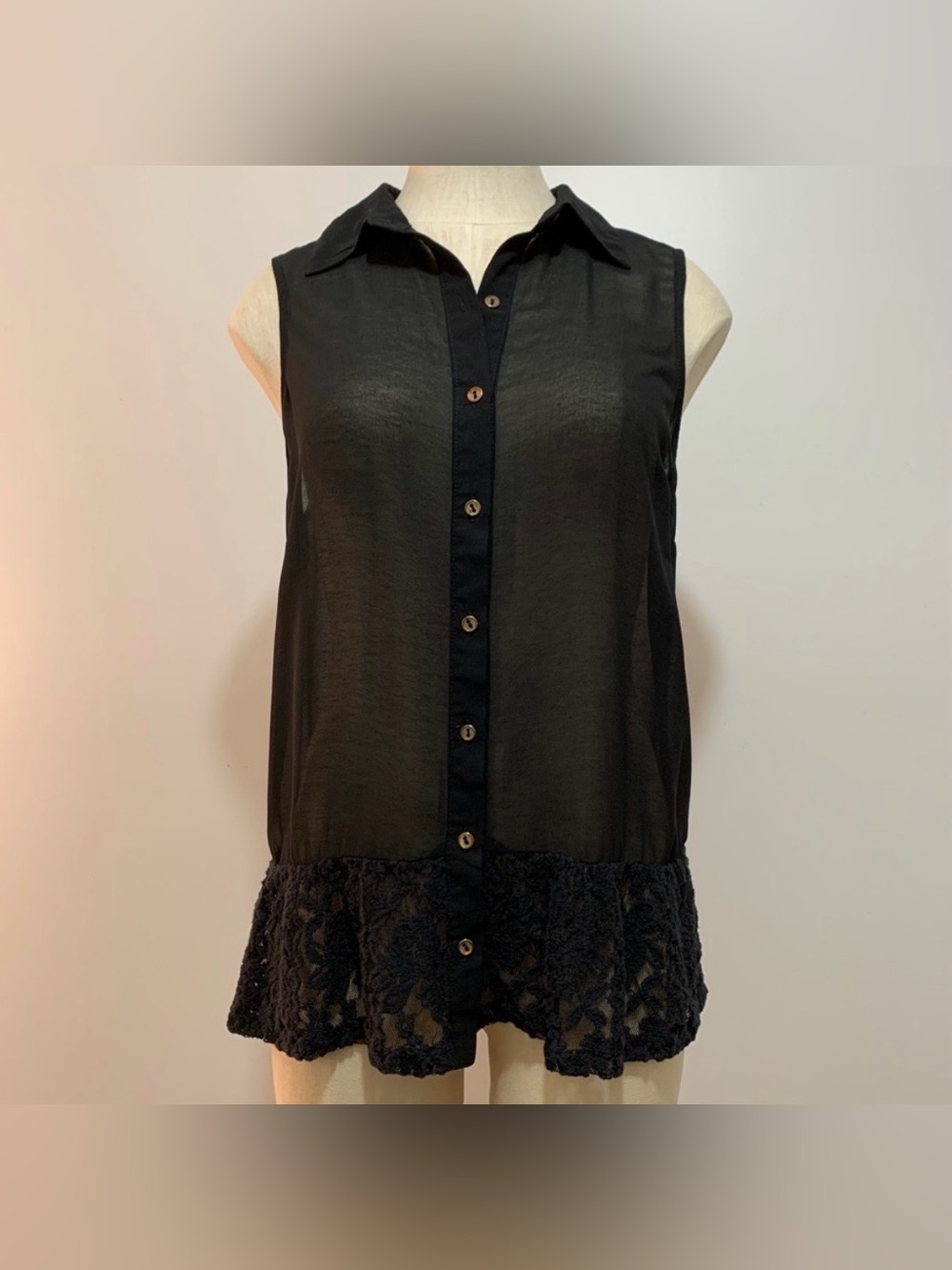 Sleeveless Sheer Button Front Top w/ lace accents
